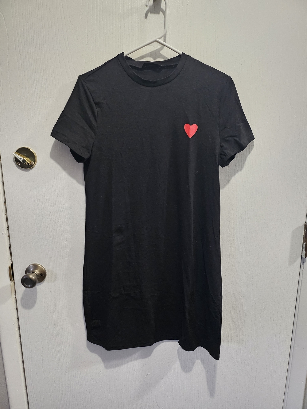 Black Crewneck T-Shirt Dress with Red Heart Accent